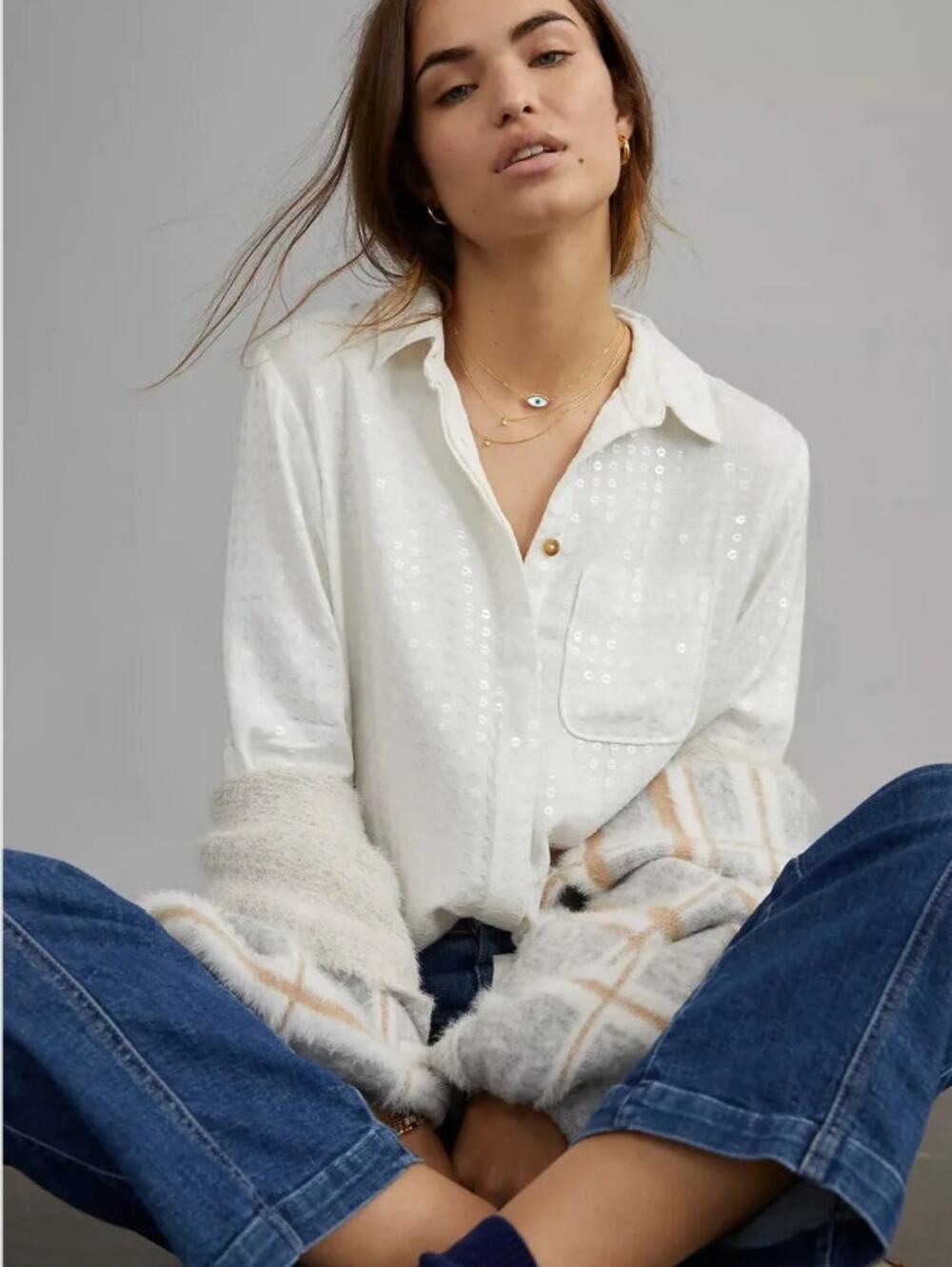 ANTHROPOLOGIE x MAEVE Sequin Button Down Shirt White Sz XL $98 {3Q14}
